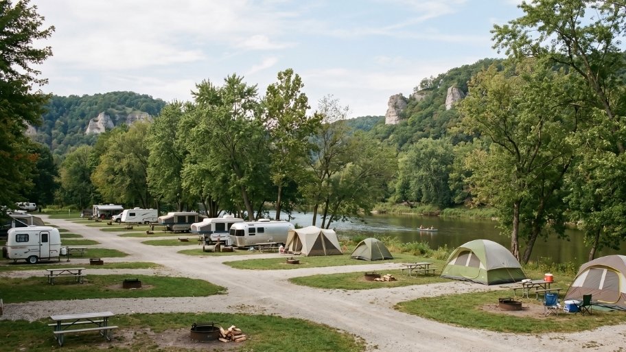Campground near Decorah, IA with campsites along the Upper Iowa River at Bluffton Resort