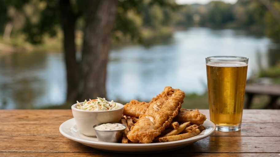 Fish Fry Dining meal with fried fish, fries, and drinks at Bluffton Resort