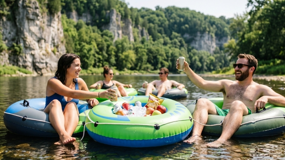 Cooler tube rentals floating Cooler tube rentals floating on the Upper Iowa River near Decorah, Iowa