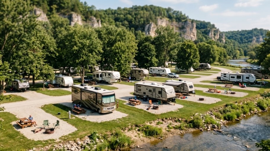 RV park with riverside RV campsites at Bluffton Resort near Decorah, IA
