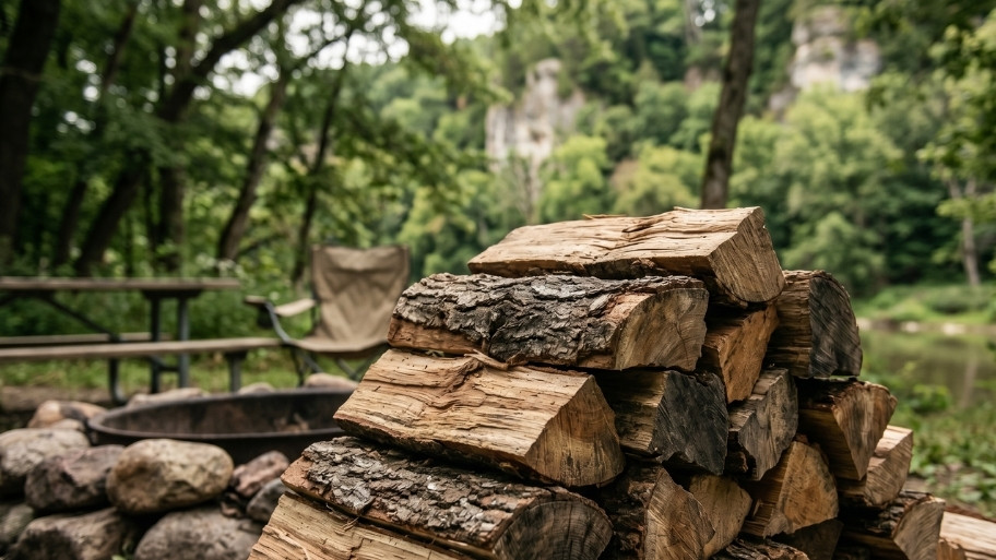 Campground firewood sales at Bluffton Resort with stacked firewood ready for campfires