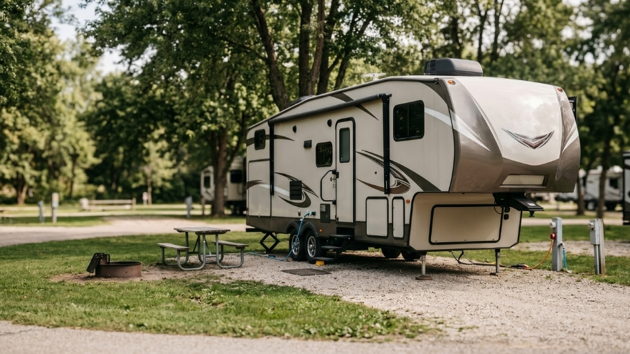 Full hookup RV site with water electric and sewer connections at Bluffton Resort