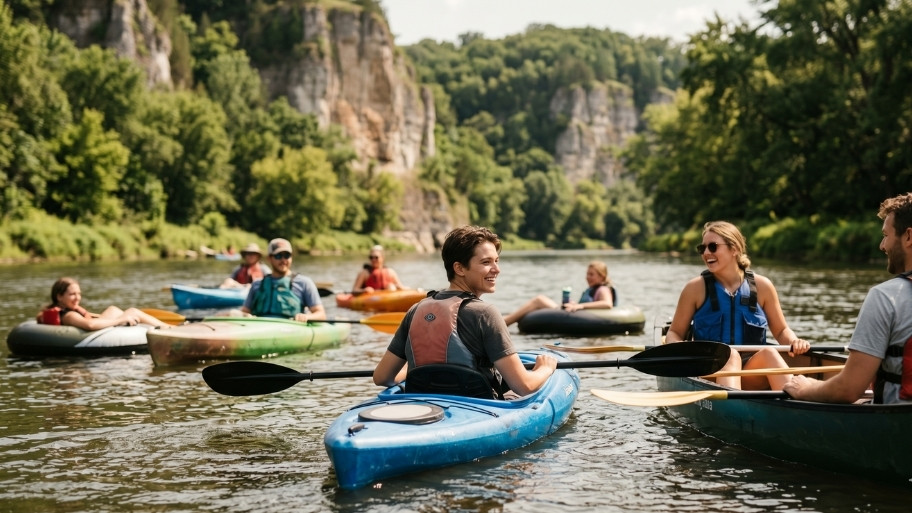 group-river-adventure Group river trips with kayaks and canoes on the Upper Iowa River near Decorah, Iowa