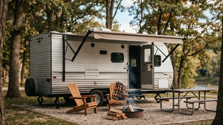 Camper rentals at Bluffton Resort with a camper set up at a campground near Decorah, IA