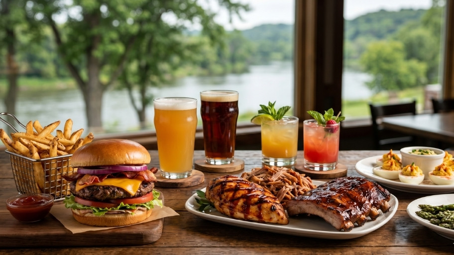 Bar & Grill grilledfood and drinks overlooking the Upper Iowa River at Bluffton Resort