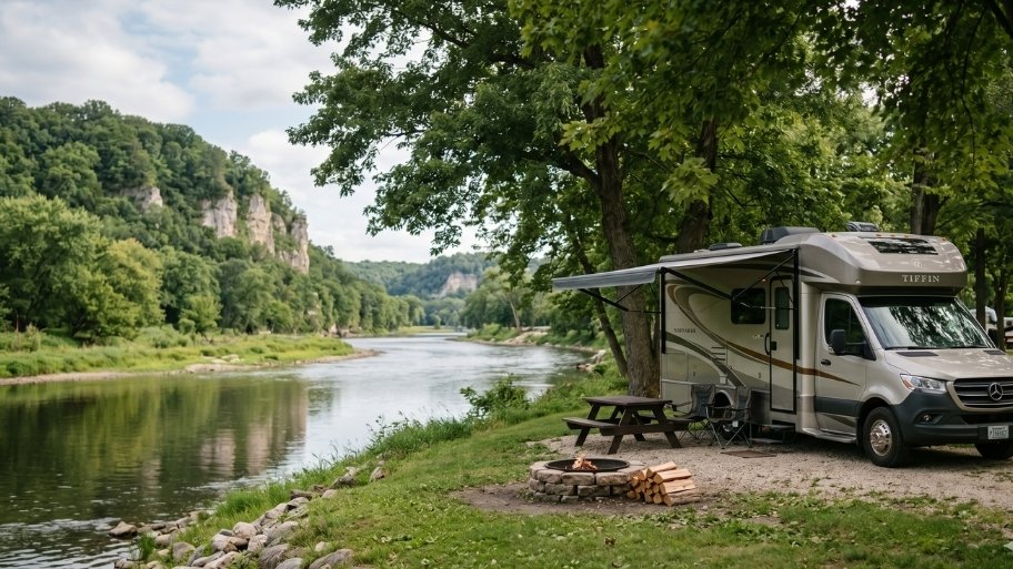 Riverside RV site along the Upper Iowa River at Bluffton Resort near Decorah, IA