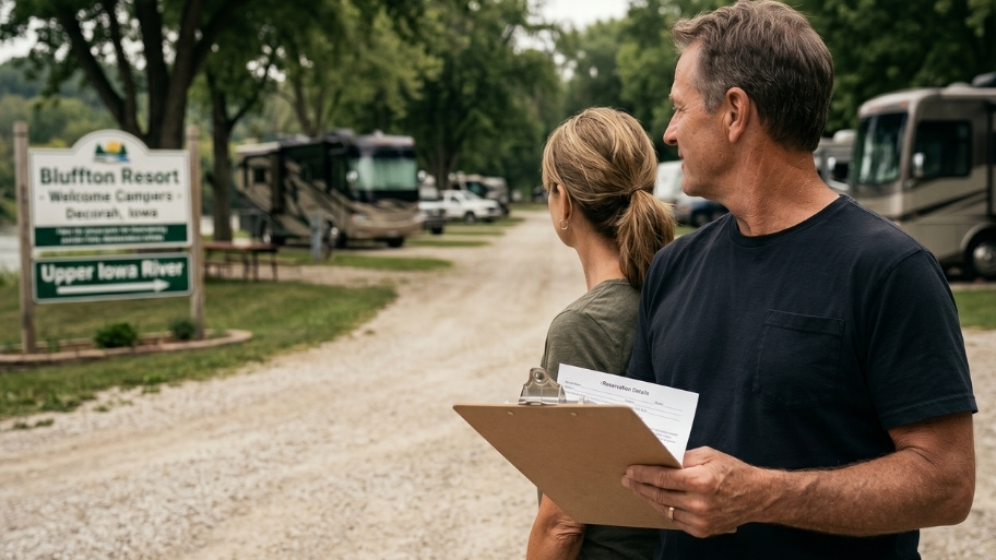 RV campsite reservations office and campground entrance at Bluffton Resort near Decorah, IA