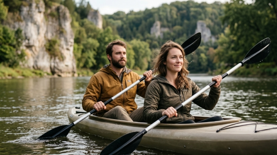tandem-kayak-paddling- Tandem kayak rentals on the Upper Iowa River near Decorah, Iowa