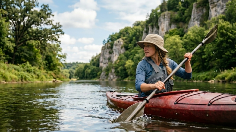 upper-iowa-kayak-adventure Kayak rentals with visitors paddling the Upper Iowa River near Decorah, Iowa