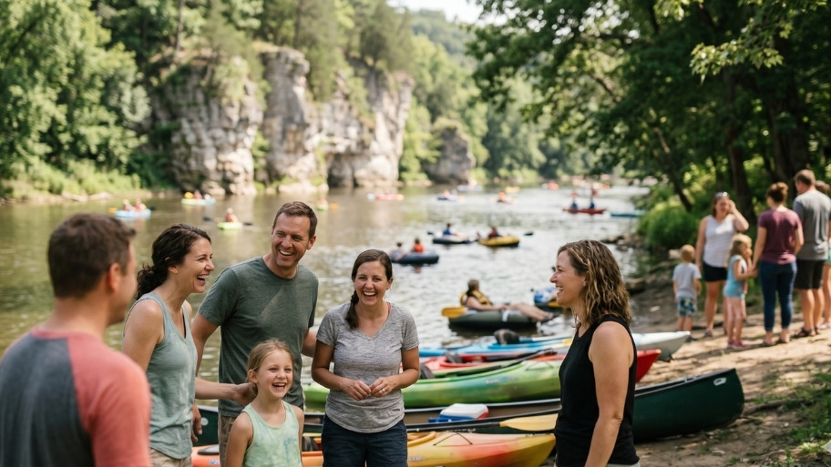 upper-iowa-river-adventure Photorealistic outdoor recreation scene at the Upper Iowa River near Decorah, Iowa. Multiple visitors enjoying a day on the river with kayaks, canoes, and tubes visible in the distance. Scenic limestone bluffs, dense green trees, wooded riverbanks, calm flowing water, bright summer weather, natural sunlight, authentic Midwest river recreation atmosphere. Realistic families, couples, and friends enjoying the outdoors. Travel photography style, high detail, genuine candid moments, no posed models, no text, no logos, no watermarks.