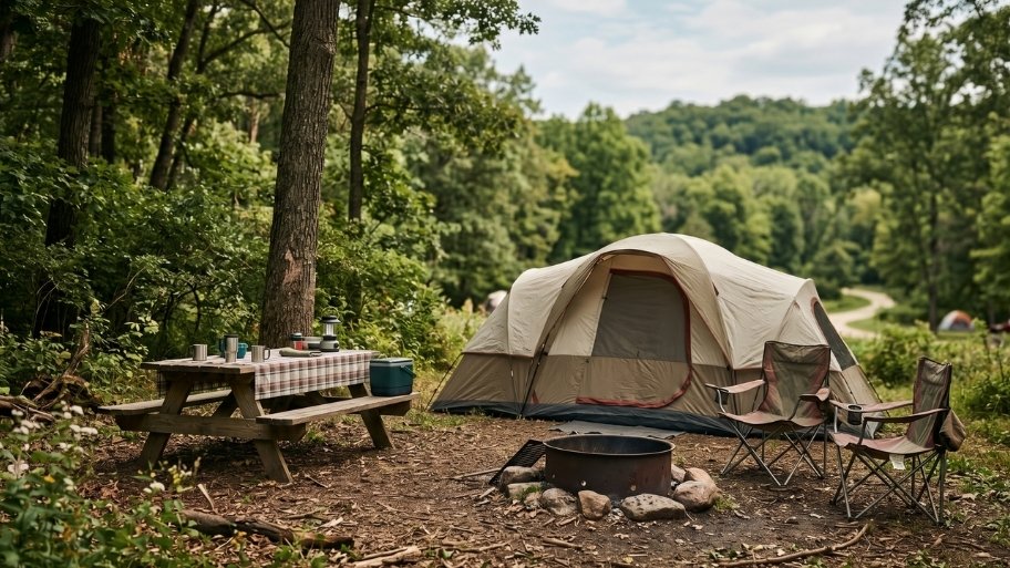 Tent campsite rentals at Bluffton Resort in a wooded campground near Decorah, IA